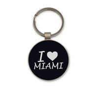 I Love Miami City Travel Florida USA Keychain, Black Glass Circle Design, Custom, Steel Keyring
