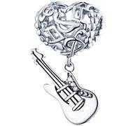 I Love Music Heart Charms Dangle Guitar Charm, 925 Sterling Silver Openwork Musical Note Pendant Beads fit Pandora Bracelet/Necklace, Gift for Musician/Teacher/Son/Best Mum