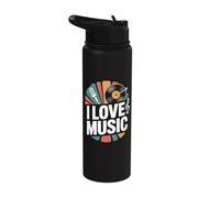I Love Music Microphone Vinyl Notes Stainless Steel Insulated Water Bottle