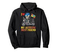 I Love My Autistic Best Friend Skeleton Biker Autism Support Pullover Hoodie