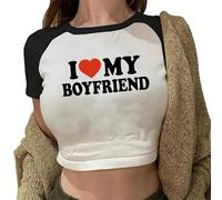 I Love My Boyfriend Crop T-Shirt Women Girls Y2K Crop Top Funny Letters Print Crew Neck Short Sleeve Slim Fit Tshirts
