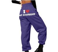 I Love My Boyfriend Sweatpants for Women Love Letter Print High Waisted Elastic Sweat Pants Casual Comfy Fleece Jogger Pants (M,Purple)