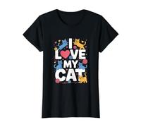 I Love My Cat Cute Kittens Heart Yarn Value Graphic T-Shirt, Women, Black, S