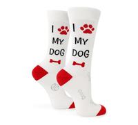 I Love My Dog Novelty Crew Socks, White with Red Paw Prints and Bones Design, Unisex Size 6-11