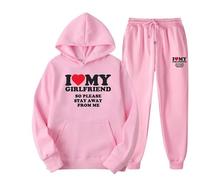I Love My Girlfriend,So Please Stay Away from Me Tracksuit Full Set Casual Two Piece Set Funny Letter 3D Printed Hoodies and Joggers Set for Women Men
