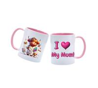 I Love My Mum, with Busy Highland Cow Mum in The Kitchen with her Baby. Pale Pink Inner and Handled Ceramic Coffee Mug 11oz Pretty Novelty Funny Cute Mothers Day Gift Idea Mothering Sunday Mummy