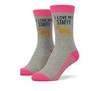 I Love My Staffy Novelty Dog Lover Crew Socks, Grey and Pink, Cotton Blend, Unisex Size 6-11