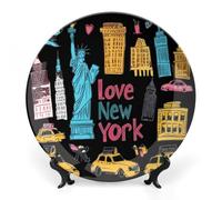 I Love New York Bone China Decorative Plate Ceramic Wall Dinner Plates with Display Stand for Home Kitchen Decor 7inch