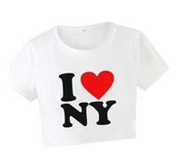 I Love NY Crop T-Shirt Women Girls Y2K Crop Top Funny Letters Print Crew Neck Short Sleeve Slim Fit Tshirts