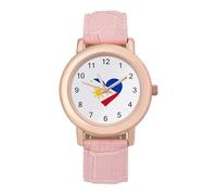 I Love Philippines Filipino Flag Heart Womens Elegant Watch Analogue Quartz Watch Leather Band Wristwatch