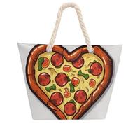 I Love Pizza Heart Large Tote Bag for Women, Waterproof Durable Beach Bag with Hemp Rope Handle, Multifunctional Hemp Rope Shopping Bag for Beach Park Travel Work Daily Use