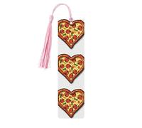 I Love Pizza Heart Wooden Bookmarks 5 Pcs,Handmade Double-Sided Printed Book Marks Page Markers with Pink Tassels Book Accessories Gift for Book Lovers Women Men