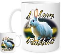 I Love Rabbits Mug - Cute White Bunny Ceramic Coffee Cup for Animal Lovers & Pet Fans