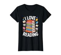 I Love Reading Book Stack Colorful Illustration Value Graphic T-Shirt, Women, Black, M