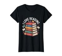 I Love Reading Book Stack Enthusiast Value Graphic T-Shirt, Women, Black, S