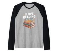 I Love Reading Enthusiast Book Stack Design Raglan Baseball Tee