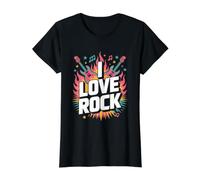 I Love Rock Flames Guitars Music Value Graphic T-Shirt, Women, Black, M