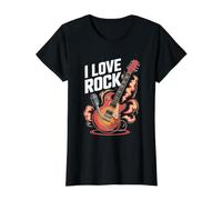 I Love Rock Guitar Microphone Flames Value Graphic T-Shirt, Women, Black, XS