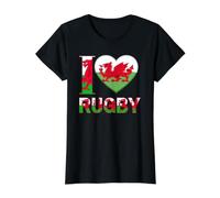 I Love Rugby Welsh Dragon Heart Design Value Graphic T-Shirt, Women, Black, XS