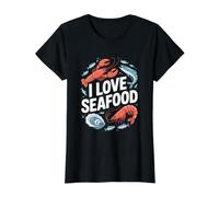I Love Seafood Lobster Shrimp Oyster Fish Value Graphic T-Shirt, Women, Black, M