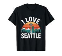 I Love Seattle Space Needle Mountains Sunset Value Graphic T-Shirt, Men, Black, M