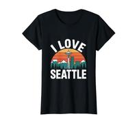 I Love Seattle Space Needle Mountains Sunset Value Graphic T-Shirt, Women, Black, M
