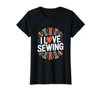 I Love Sewing Heart Spools Enthusiast Value Graphic T-Shirt, Women, Black, L