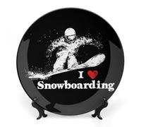 I Love Snowboarding Snowboarder Bone China Decorative Plate with Display Stand Ceramic Dinner Plates Wall Decor for Home Kitchen 10inch