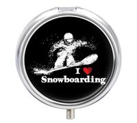 I Love Snowboarding Snowboarder Pill Box Cute Metal Round Pill Case with 3 Compartments and Mirror for Vitamin Fish Oils