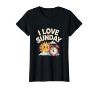 I Love Sunday Sun and Alarm Clock Clouds Value Graphic T-Shirt, Women, Black, M