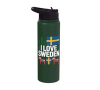 I Love Sweden Swedish Flag Dala Horse Stainless Steel Insulated Water Bottle