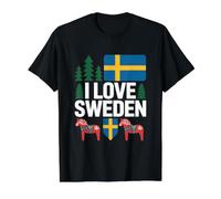 I Love Sweden Swedish Flag Dala Horse Value Graphic T-Shirt, Men, Black, M