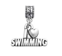 I Love Swimming Charm Bead - Silver-Plated Dangle Charm - Compatible with Pandora, Troll, Chamilia & European Bracelets - Sports Jewelry & Accessories - Gift for Swimmers & Coaches