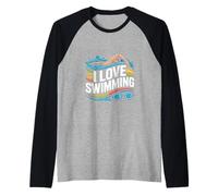 I Love Swimming Colorful Waves Graphic Raglan Baseball Tee
