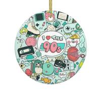 I Love The 90s Illustration Print Round Xmas Ornaments, Christmas ceramic pendant Hanging for Xmas Tree Home Indoor Outdoor Decor