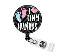 I Love Tiny Humans Badge Reel, NICU PICU, OB Peds Retractable ID Holder | Pediatric Nurse Gift, Labor and Delivery Accessory, Neonatal Healthcare, Baby Feet Design, NICU Appreciation