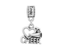 I Love to Cheer Charm Bead - Silver-Plated Dangle Charm with Megaphone & Heart for Cheerleaders - Compatible with Pandora, Troll, Chamilia & European Bracelets - Gift for Cheer Team & Spirit Squad