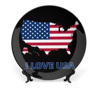 I Love U.S.A Bone China Decorative Plate with Display Stand Ceramic Dinner Plates Wall Decor for Home Kitchen 8inch