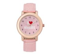 I Love Wrestling Women's Leather Watch Easy Reader Minimalist Wristwatch Pink Rose Gold Strap Watches