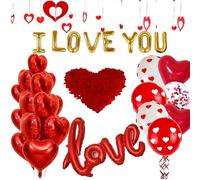 I Love You Balloons Decorations, Valentine's Day Balloon Decorations,Heart Balloons with 1000PCS Rose Petals, Red Love Heart Foil LatexBalloons for Proposal Supplies Anniversary Surprise Party