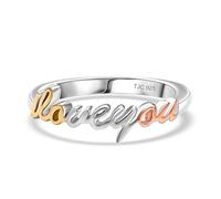 “I LOVE YOU” Band Ring in 18K Yellow & Rose Gold Vermeil & Rhodium Overlay on 925 Sterling Silver - Tricolour Sentimental Script Ring - Promise & Gift Ring for Women - Size O