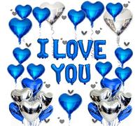 I Love You for Him/Her Balloons 31PCS Blue 18 Inch Heart Balloons Banner Romantic Decoration Kit for Valentines Party Wedding Engagement Galentines Day Bridal Shower Anniversary Decor