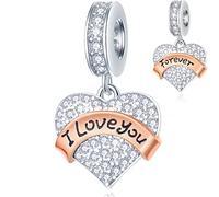 I Love You Forever Dangle Charms fits Pandora Valentines Day Bracelet, Pave Heart Sparkling Clear CZ Forever Love Pendant Beads in 925 Sterling Silver, for Wife/Girlfriend/Couple Gifts