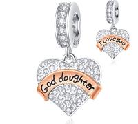 I Love You Goddaughter Heart Pendant Charms in 925 Sterling Silver, fits Pandora Mothers Day Bracelet, Clear Sparkle CZ God Daughter Dangle Beads, Gift for Christmas/Thanksgiving