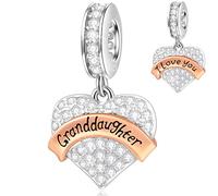 I Love You Granddaughter Heart Pendant Charms in 925 Sterling Silver, fits Pandora Bracelet, Clear Sparkle CZ Grand Daughter Dangle Beads, Grandma Grandpa Gift for/Grandkids