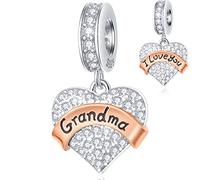 I Love You Grandma Heart Charms, fits Pandora Mothers Day Bracelet Necklace, 925 Sterling Silver Grandmother Clear CZ Pendant, Grandmum Dangle Beads, Gift for Abuela/Granny/Babcia