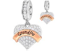 I Love You Grandpa Charms Dangle fits Pandora Father's Day Necklace/Bracelet, 925 Sterling Silver Pave Sparkle Clear CZ Heart Grandfather Pendant Beads, Gifts for Grandad/Grandparents/Birthday
