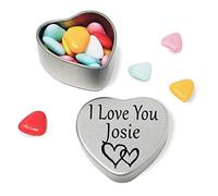 I Love You Josie Mini heart shaped silver gift tin filled with mini chocolates. Great as a birthday present or a gift to show someone special how much you love them