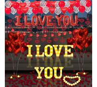 I Love You Light Up Letters Proposal Decorations, 8Pcs 8.5" I Love You Sign, 24Pcs Flameless Candles 2000Pcs Red Fake Rose Petals 8Pcs Letter Balloons 50Pcs Latex Heart Balloon Valentine's Day