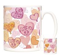 I Love You Mum, Hearts Design Gift Mug for Tea or Coffee. Mother's Day Gift Mug. Pink Rim and Handle. 11oz Ceramic Gift Mug for Mum